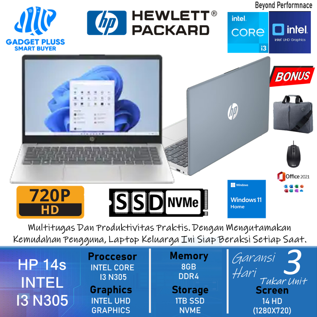 Laptop Hp 14 Intel Core i3 N305 Ram 8GB 512GB SSD 14.0 Windows11Home Blue