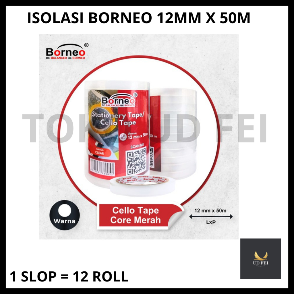 

(1 SLOP=ISI 12 ROLL) Isolasi BORNEO/ Isolasi BORNEO12mm/ Selotip BORNEO/ Solasi Squeezy