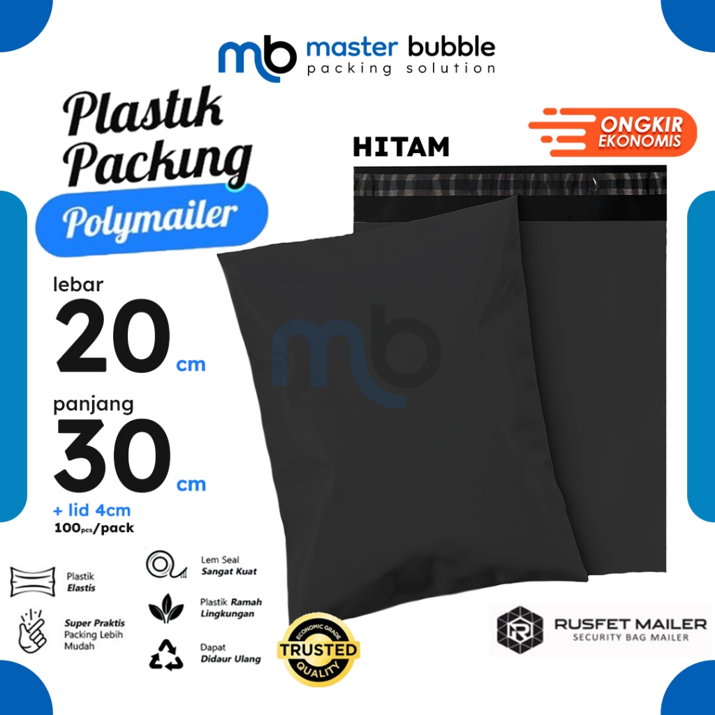 

Polymailer Amplop Hitam 20cm X 30cm Polos Solid Color Plastik Packing Online shop Harga Per-Pack