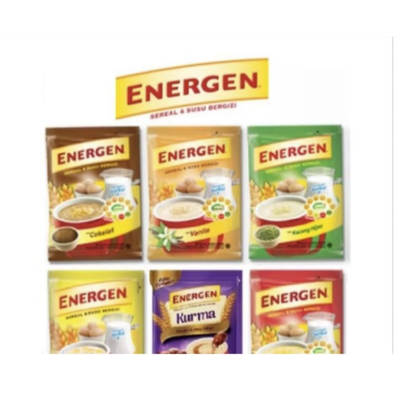 

ENERGEN VANILLA, KACANG HIJAU, COKLAT, JAHE , KURMA 1RENCENG (10 SACHET)