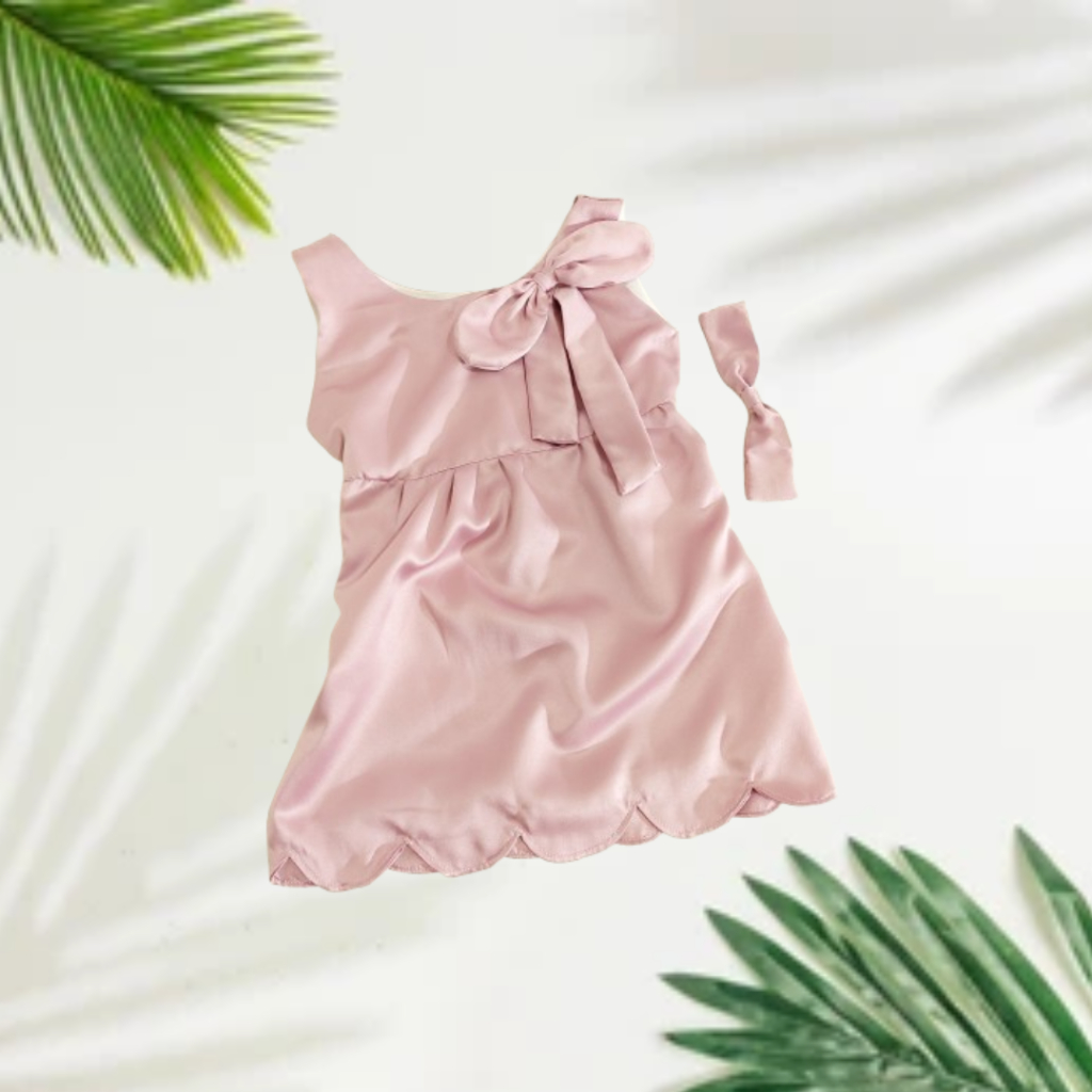 Setelan Baju Bayi Perempuan Dress Satin Rose Gold usia 6-18 Bulan + Pita