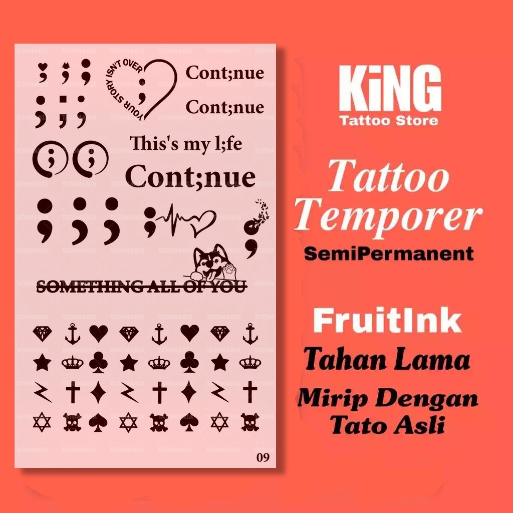 Stiker tato temporer semi permanen tulisan 09 motif semicolon - kingtattoostore