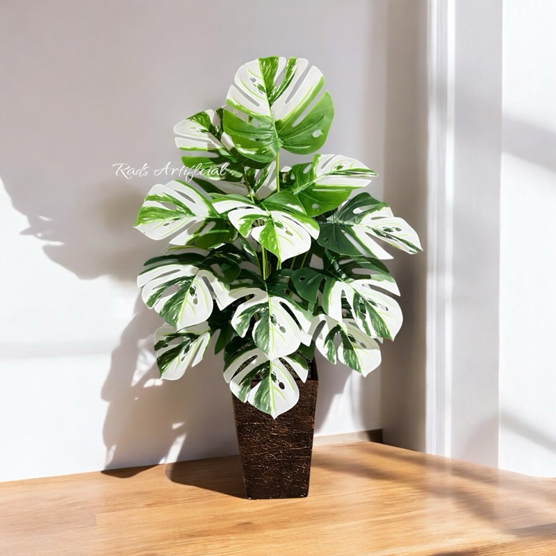 1set monstera varigata x18 artificial + pot kayu