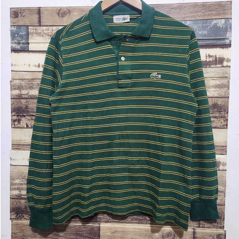 Lacoste Vintage Striped Polo Shirt Long Sleeve Green ( Size M )