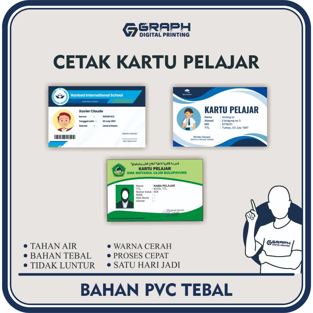 

Cetak Kartu Kartu Pelajar Bahan PVC TebaL Depan Belakang | Sehari Jadi