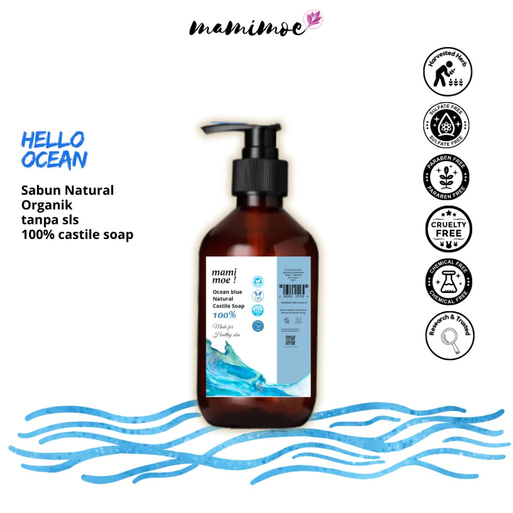 Mamimoe Ocean Blue Castile Soap Sabun MAndi Cair Alami Pencerah Badan Kulit kombinasi untuk Anak dan