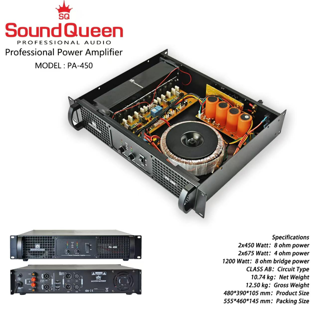 POWER AMPLIFIER SOUNDQUEEN PA-450 PA450 PA 450 Original 2 Chanel Panel 2U 450 Watt Travo Toroid Clas