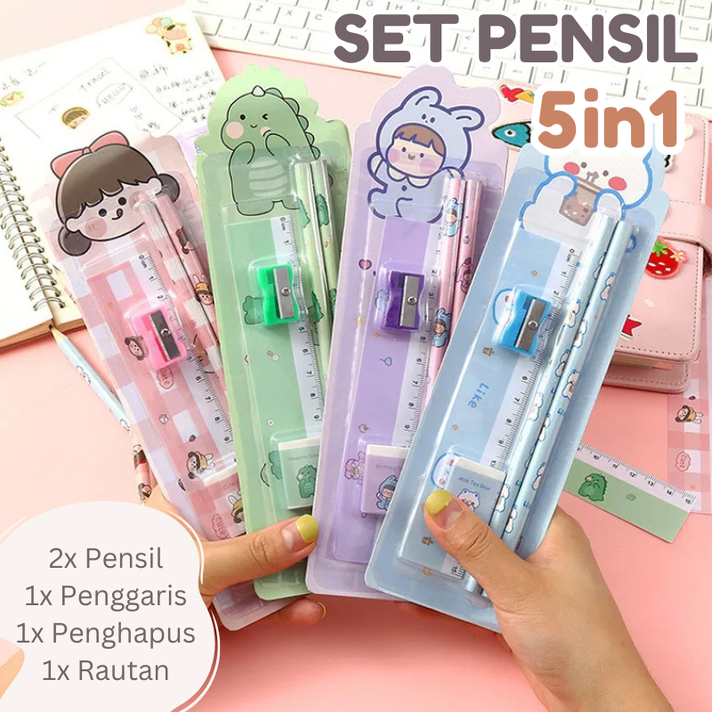 

Pensil Set Alat Tulis Anak Lucu 5in1 Penghapus Penggaris Rautan Cute Kartun Karakter Stationary