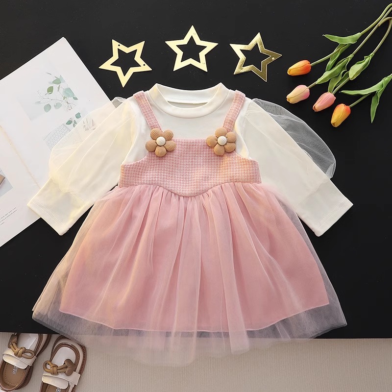 Dress Import Premium Anak Perempuan Usia 1-4 Tahun | Dress Lengan Panjang Tile Balon Motif Bunga Bun