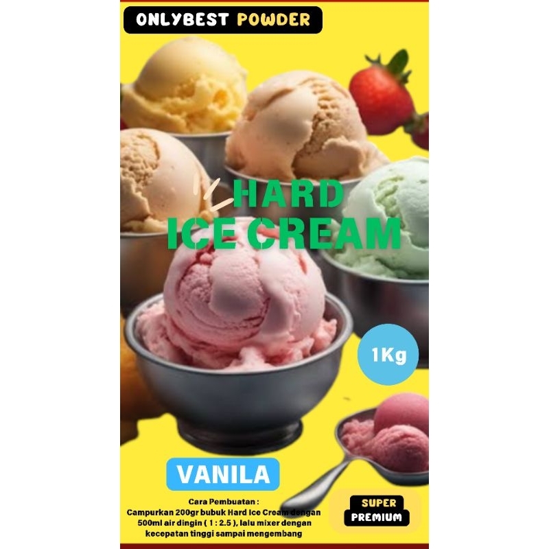 

Bubuk Hard Ice Cream VANILA 1kg 10 Ltr Ice Cream MURAH / Bubuk Ice Cream VANILA 1kg Super Premium Onlybest Powder / Bahan Ice Cream VANILA 1kg Super Premium / Bubuk Ice Cream / Ice Cream Powder/ Bubuk Es Cream / Bubuk Es Krim /Tepung Es Krim