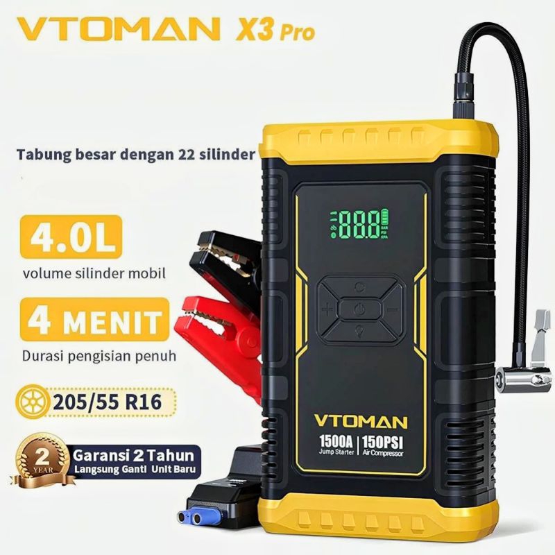 Jump Starter Aki Mobil Motor Vtoman X3 Pro Power Bank 12000mah Bisa Pompa