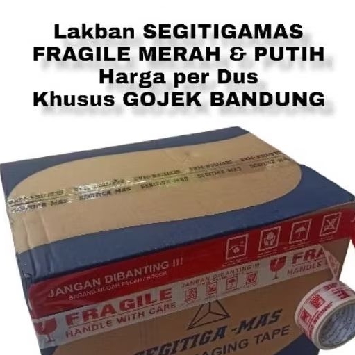 

1 DUS|72 pcs|48mm|Lakban FRAGILE PUTIH/ MERAH 48mmx90 yard|SEGITIGA MAS|KHUSUS GOJEK Bandung, kualitas setara nachi, daimaru, QQ
