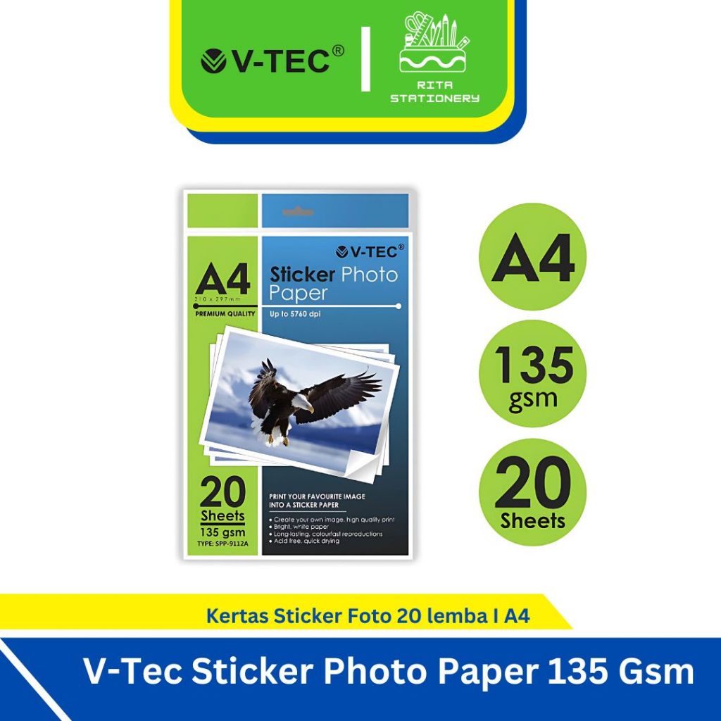 Kertas Stiker Glossy V-TEC Sticker Photo Paper Vtec A4 135gsm - 1 Pack Isi 20 Lembar