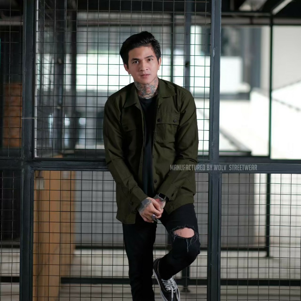 WOLV Jaket Semi Parka Pria Polos Kemeja Semi parka Hijau Army Trucker Canvas parka cowok Premium