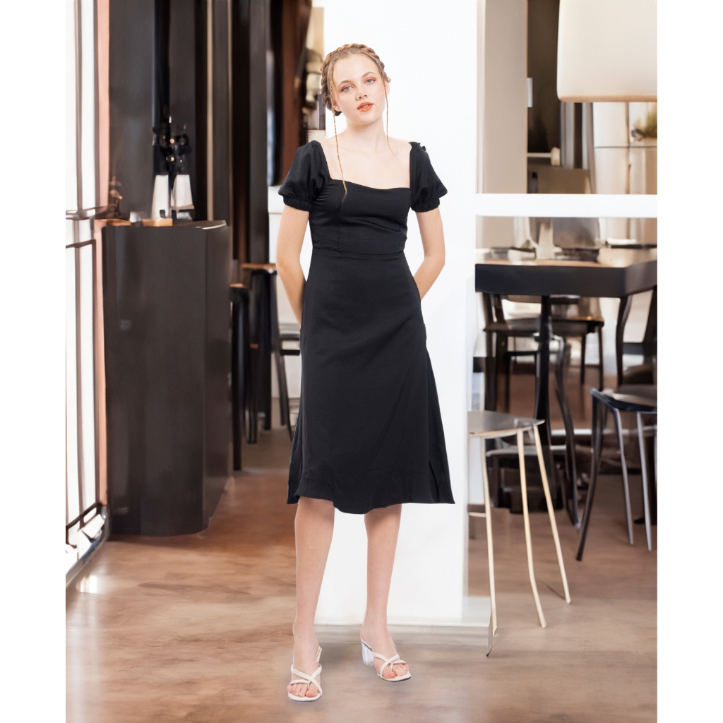 Seutail Bielle Dress Gaun Midi Lengan Puff, Square Neck untuk Gaya Casual & Formal - 010254