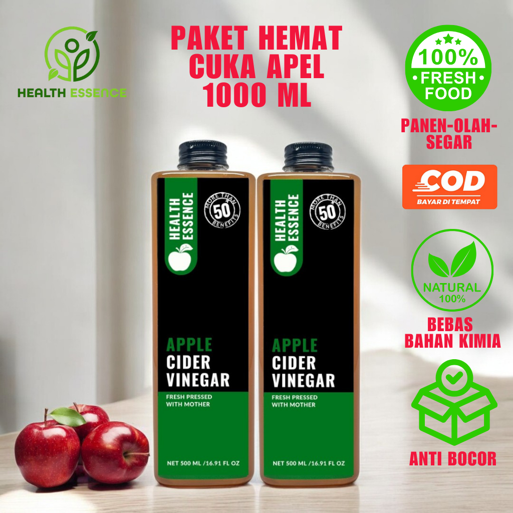 

Health Essence - Paket Hemat Cuka Apel Malang 1000 ml Cider Vinegar With Mother Detox diet Herbal