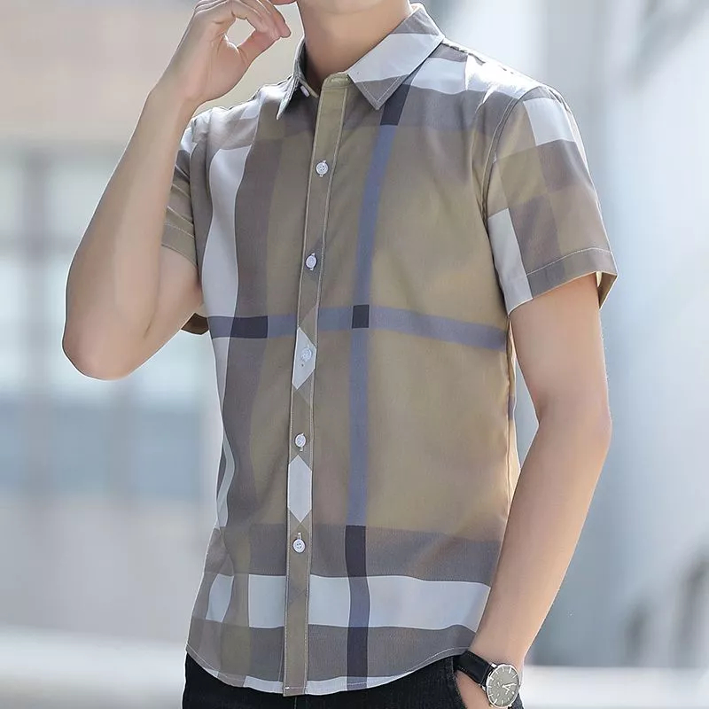 Kemeja Kotak-kotak Pria, Baju Bisnis Kotak-kotak Lengan Pendek Kasual Non-setrika Anti Kerut Motif