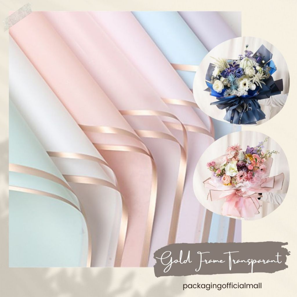 

GOLD FRAME TRANSPARANT CELLOPHANE / FLORIST SUPPLY / PAPER / KERTAS BUKET / WRAPPING / KERTAS CELLOPHANE / KERTAS KADO / KERTAS BUNGA