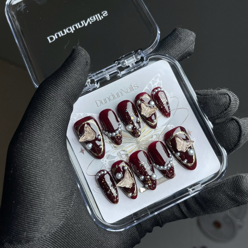 [ BACA SLIDE FOTO ] S26 Fairy Maroon gold nails *Free box Nail art wedding emas kupu kupu by dundunn