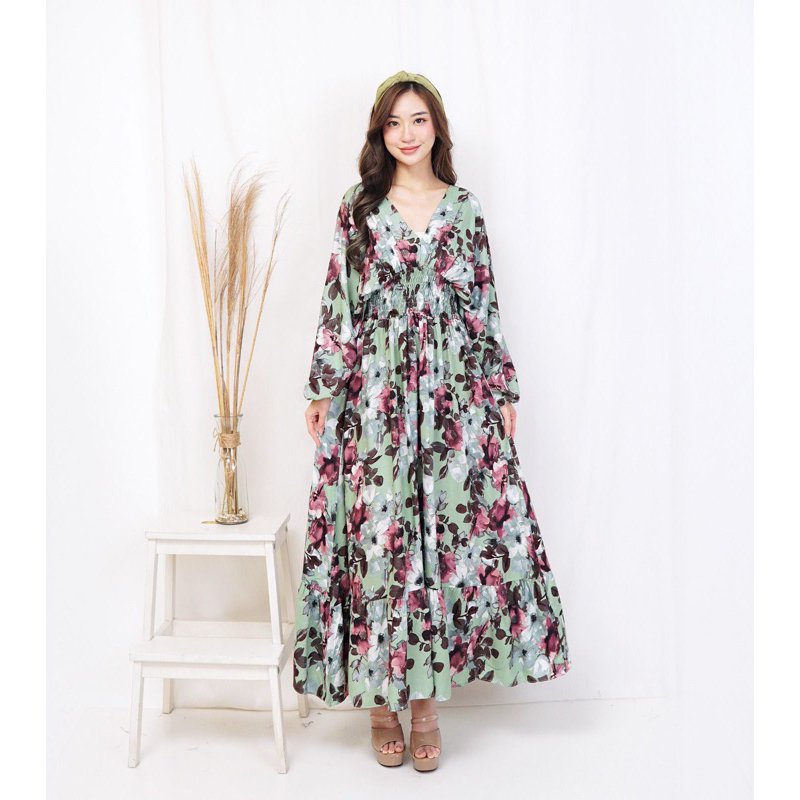 [ Siro ] Long Dress Wanita Sienna Flower Rayon Twill Halus || Midi Dress / Dress Casual / Mini Dress