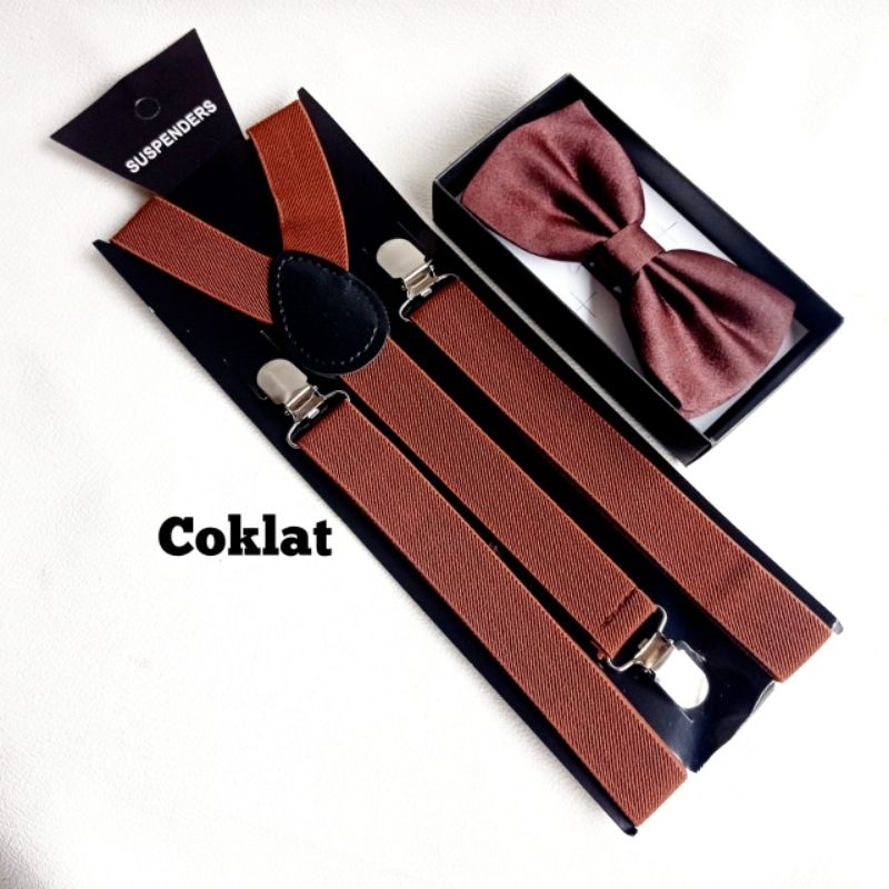 PAKET SUSPENDER DAN DASI KUPU KUPU PRIA WANITA DEWASA WARNA COKLAT