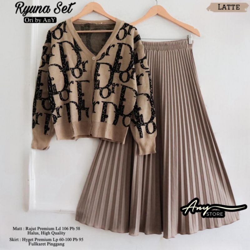 Setelan Rajut Premium Ryuna - Cardigan dan Rok Plisket Mayung HQ