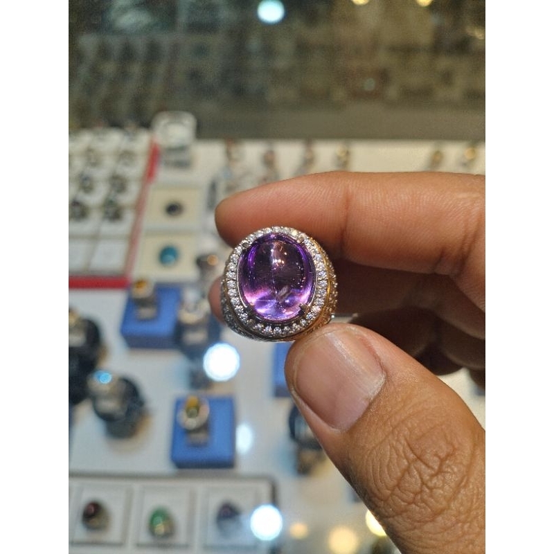 Batu Permata Amethys (Kecubung) origin Kalimantan Dimensi 15 x10 x 7 mm Ring Perak Microsetting