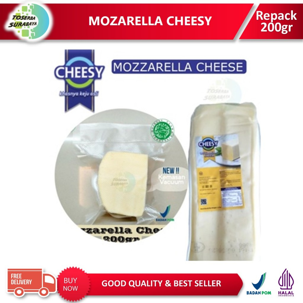 

Keju MOZZARELLA Merk CHEESY Kemasan VACUUM 200gr / Mozarella / Mozarela / Mozzarela GOOD QUALITY