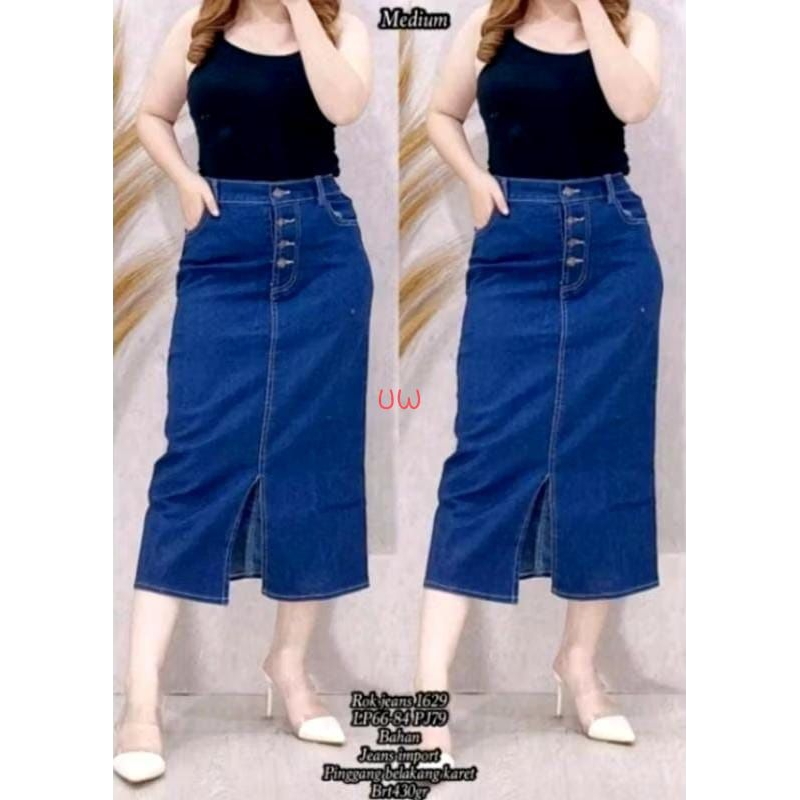 UW Rok Wanita Jeans Denim LPmax 84 pj79 ada slit tengah belakang karet