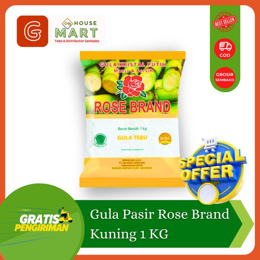 

Gula Pasir Rose Brand KUNING 1 KG / Gula Putih Tebu Kristal Manis Rosebrand Kemasan 1000 Gram