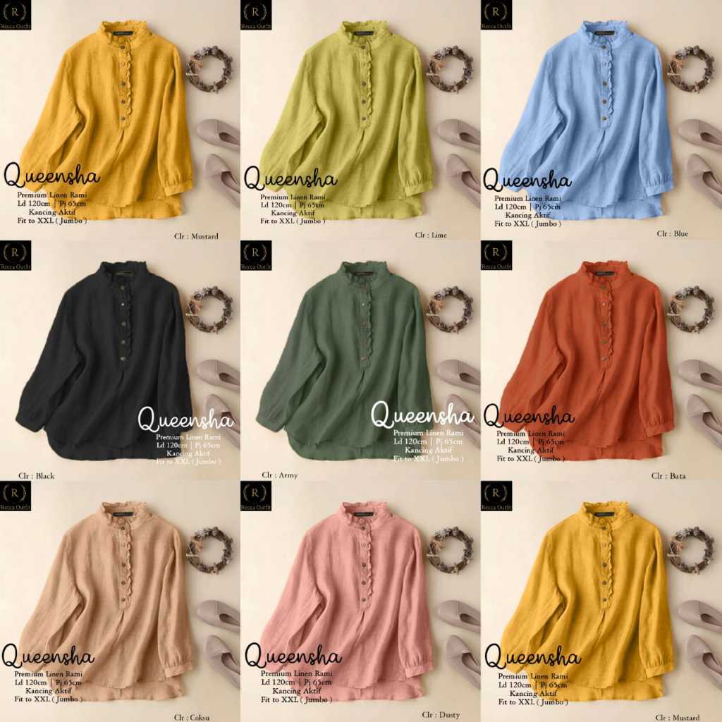 Queensha Blouse Atasan Blus Wanita Bigsize Ld 120 Polos Jumbo XXXXL Premium Linen Rami
