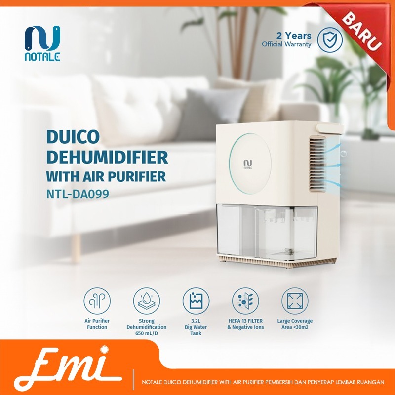 Notale Duico Dehumidifier with Air Purifier - Pembersih dan Penyerap Lembab Ruangan, Putih, 30 m²