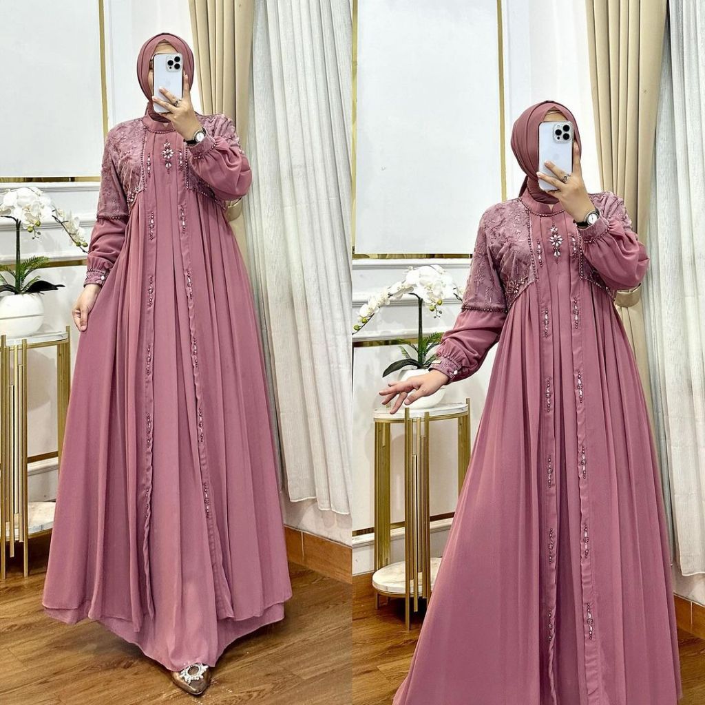 Gamis Lanara Dress Ceruty Babydoll Full Puring / Gamis Dewasa Payet / Dress 2 layer Tangan Kancing