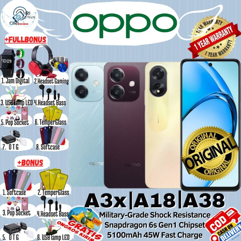 OPPO A3x | A18 | A38 4/64 - 4/128 - 6/128 Ram UpTo 8GB Chipset Gaming 100% ORI GARANSI RESMI