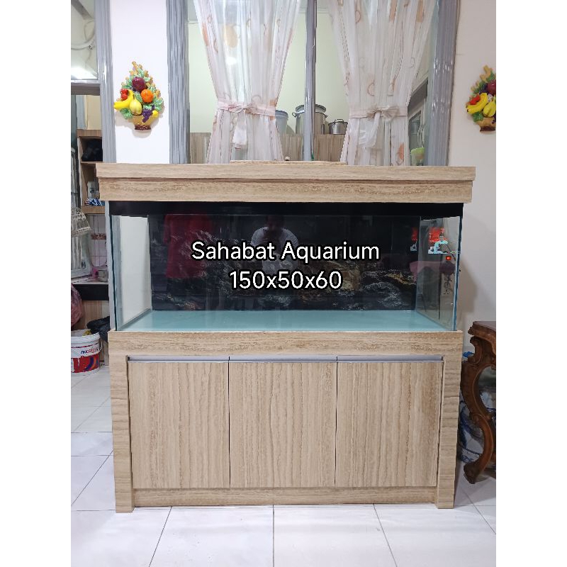 SAHABAT AQUARIUM 150x50x60 kaca full 10mm paket fullset tinggal iso air dn ikan bahan HPL.
