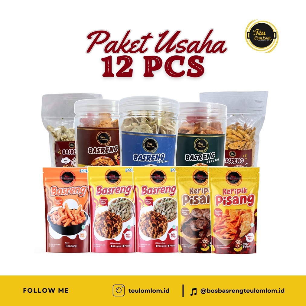 

TEULOMLOM - [Paket Usaha 12 pcs] - Basreng Original Pedas Daun Bawang, Rendang, Koin