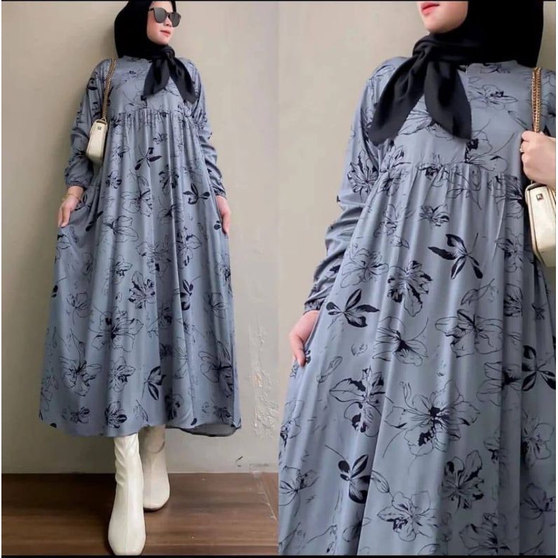 Midi Kekinian Dress Muslim Rayon Motif Bunga Premium