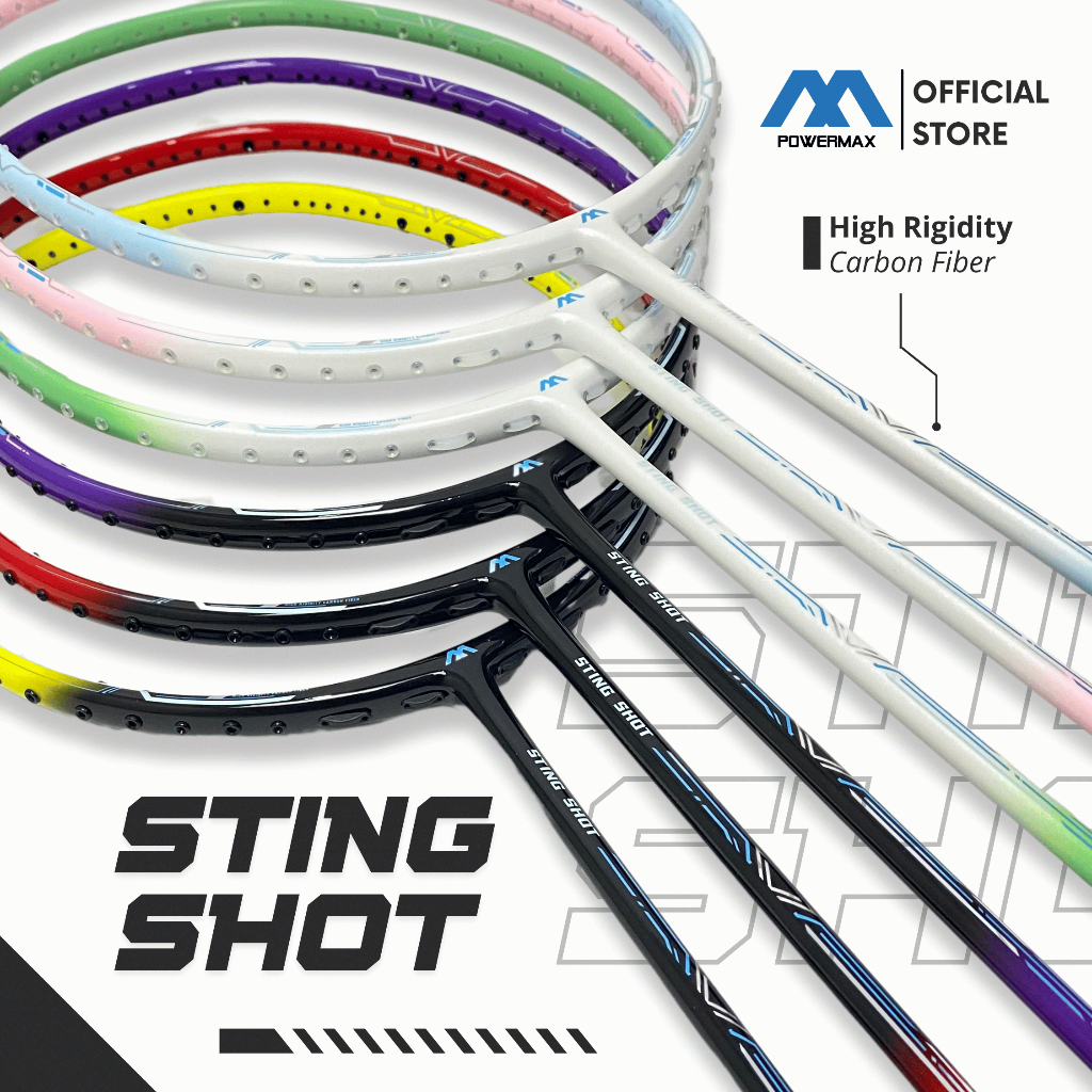POWERMAX Raket Badminton Sting Shot Full Carbon Fiber 5U 36 Lbs Built-in T-Joint Ringan Flex Shaft