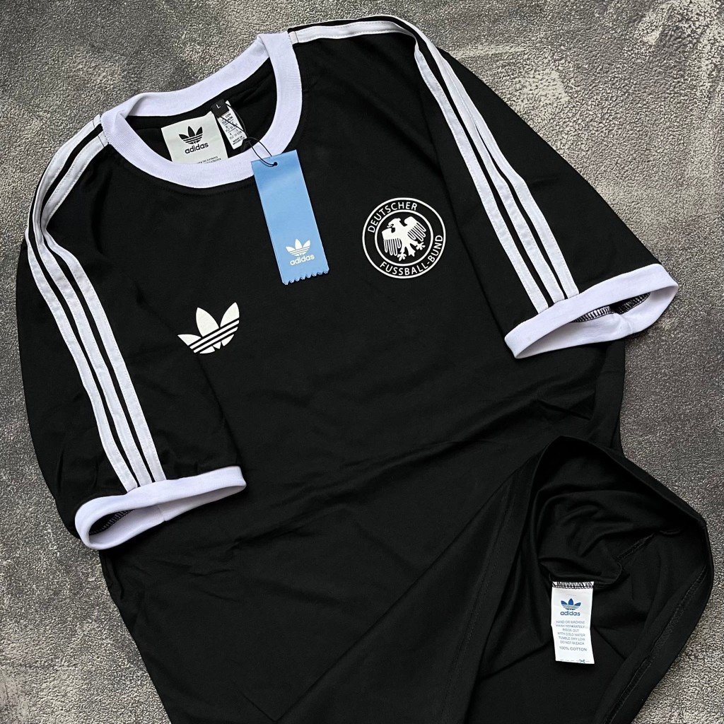 Kaos Adidas Jerman Hitam 3foil Ringer Tee Full Tag Label Cotton 24s T-shirt Adidas Pria Wanita