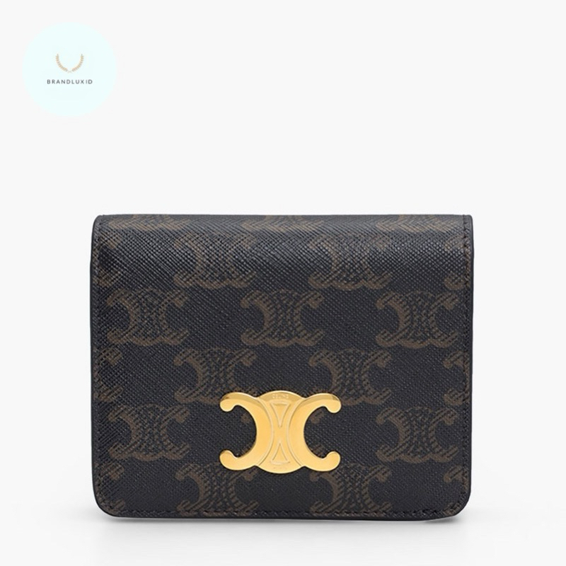 Celine Triomphe Canvas Compact Wallet in Black/Tan Calfskin