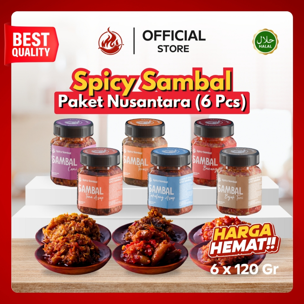 

Spicy Sambal - Paket Nusantara - 6 Pcs x 120 Gr - Bawang / Terasi / Tuna Asap / Cakalang / Cumi / Bajak Teri
