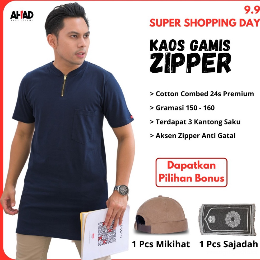 KODE V58G Kaos Gamis Ahad Zipper Hitam  kaos kurta atau qurta gamis pria lengan pendek pakaian musli