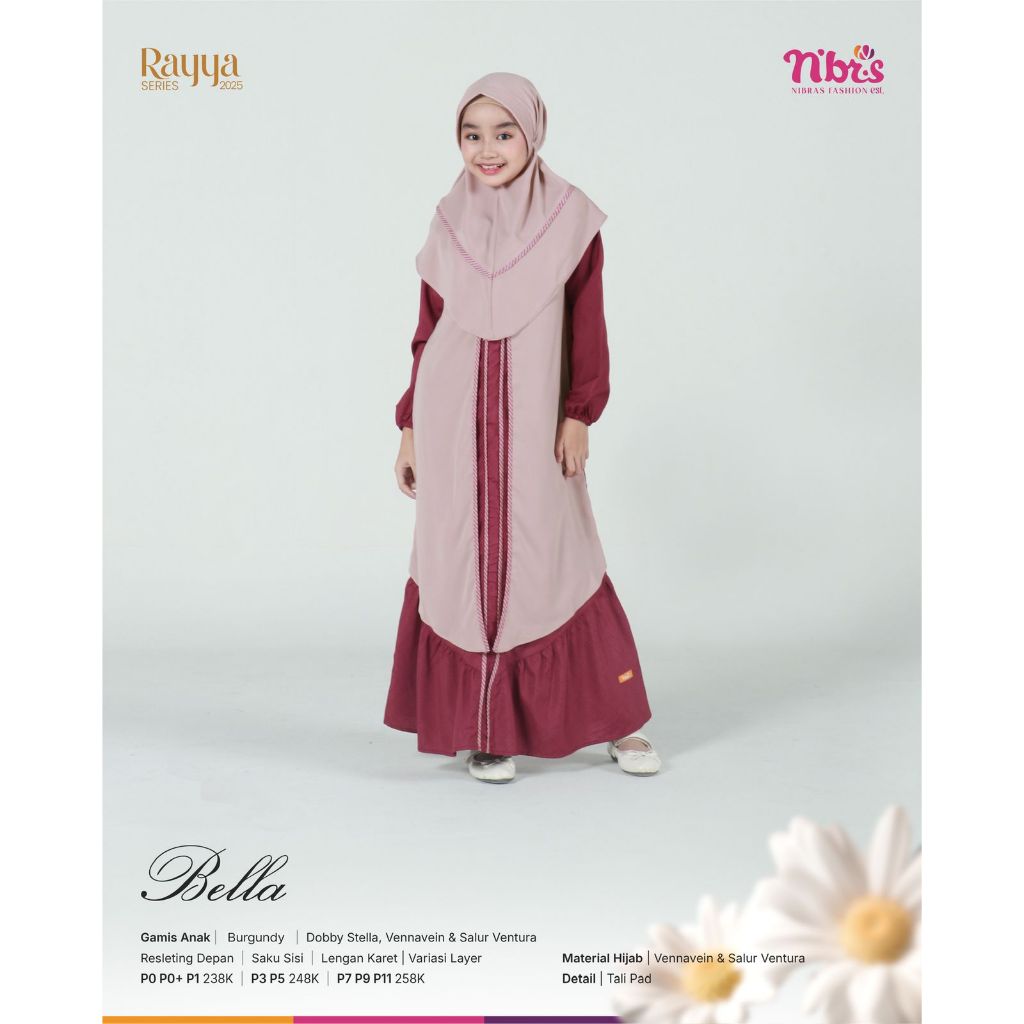 Nibras Rayya Series BELLA Gamis & Koko Anak  BURGUNDY Bahan Dobby Stella, Vanavein & Salur Ventura N