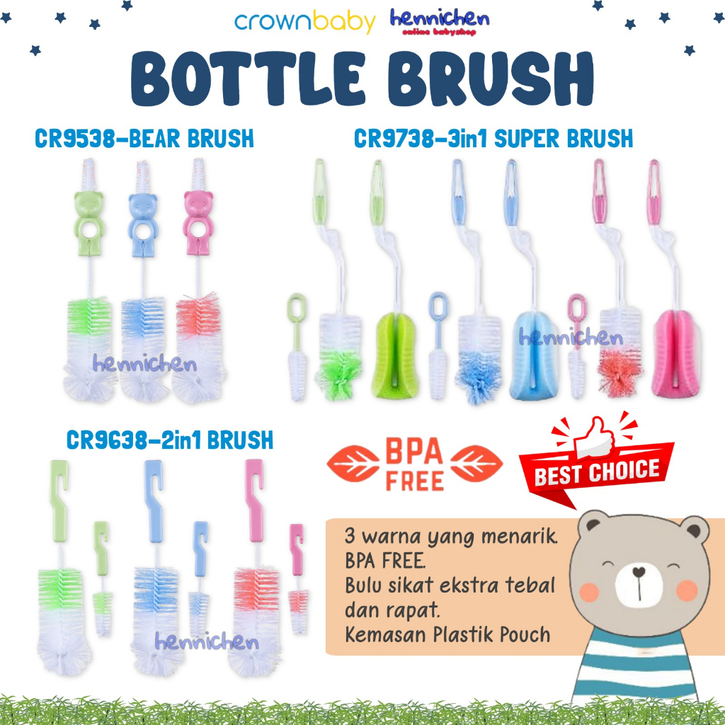 CROWN Super Brush Set 3in1 Sikat Botol isi 3 CR-9738 isi 2 CR-9638 BEAR SUPER BRUCH CR-9538 Sikat Bo