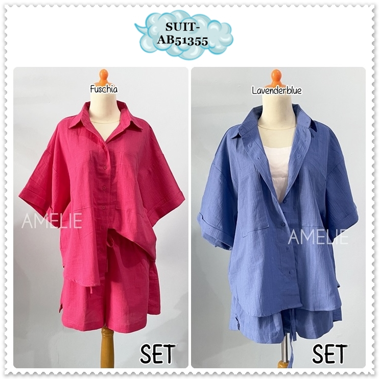 AB51355 SET Setelan Baju Atasan Kemeja Lengan Pendek Celana Pendek Karet Wanita Korea Import Merah R