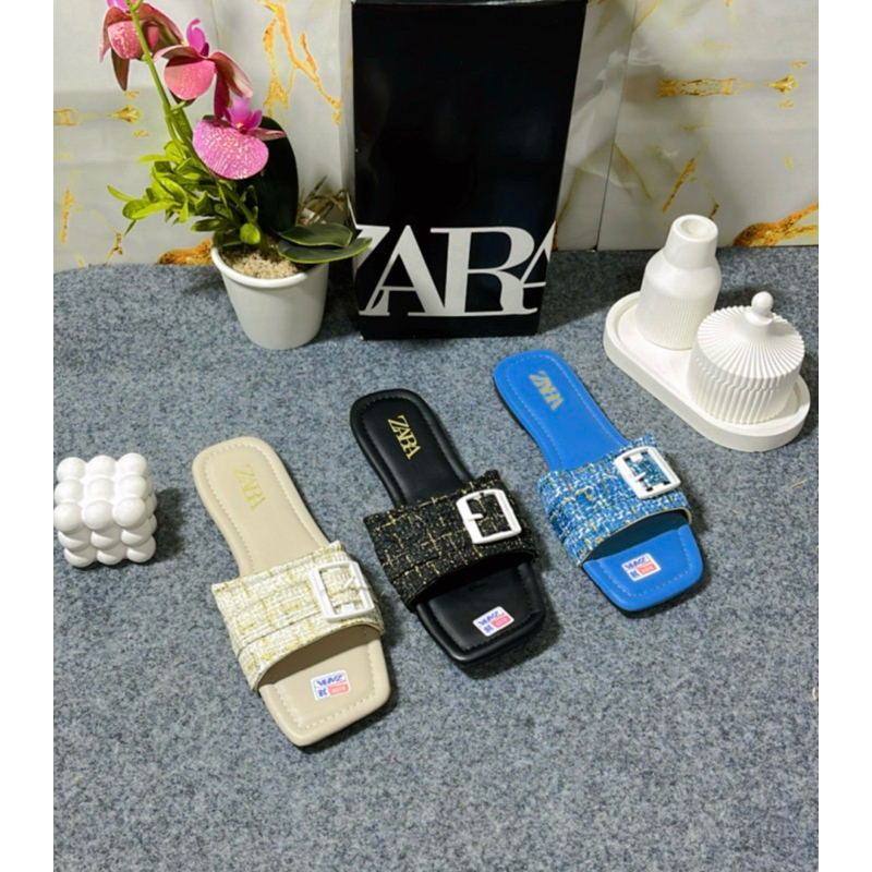 Sandal Selop Zara Flat Rajut Tweet Kotak Putih Sandal Model Kekinian Kode SM45