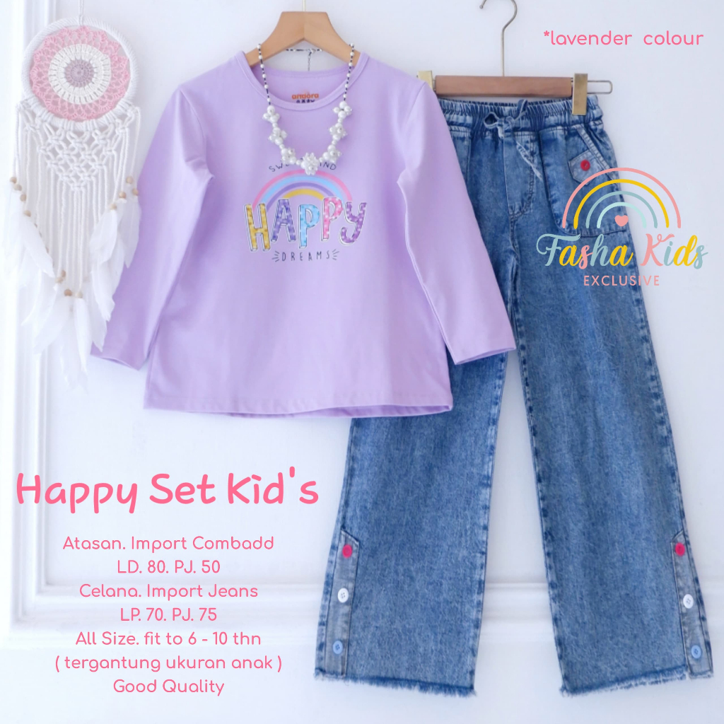 Shopakids Chibi Happy Tira Set Kid's Setelan Kaos Combadd & Celana Kulot Jeans Anak Perempuan Ori Fa