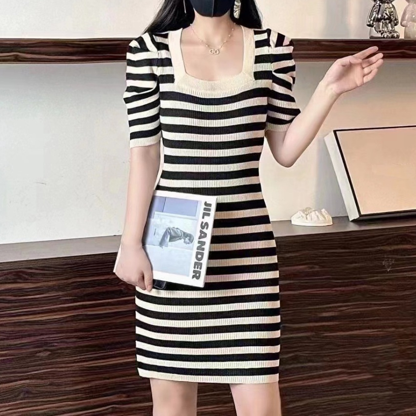 [TTEUDA] Dress Wanita U Neck Puffy Knit | Dress Press Body Puffy U Neck Rajut Premium | Dress Korean