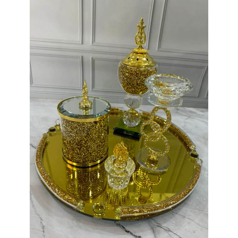 Mabkhara Set Crystal Kristal Mewah Tempat Bukhur Dupa Manual Gold