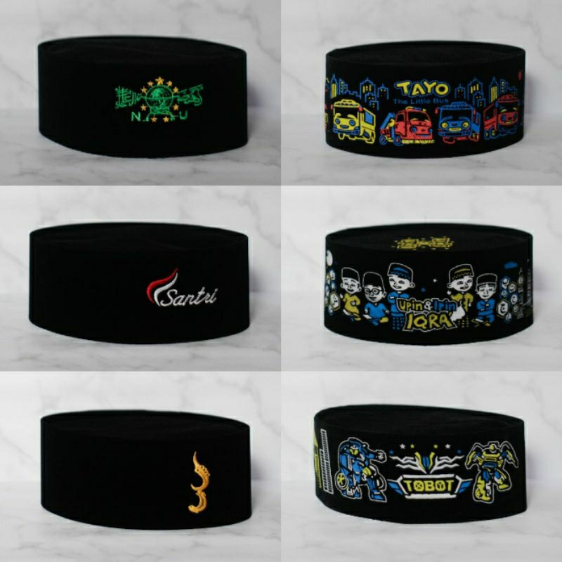 PECI SONGKOK HITAM MOTIF KUJANG, NU, SANTRI, UPIN & IPIN, TAYO, ROBOT  Non AC Original Bludru PECI H
